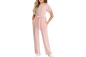 Cudtum Girls Jumpsuit Kids Fashion Short Sleeve Round Neck Belted Wide Leg Romper One Piece Outfits for 4-12 Years