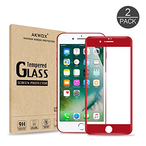 (Pack of 2) iPhone 7 Plus Screen Protector, Akwox Full Cover iPhone 7 Plus Tempered Glass Screen Protector with ABS Curved Edge Frame, Anti-Fingerprint HD Screen Protector Film for iPhone 7 Plus (Red)