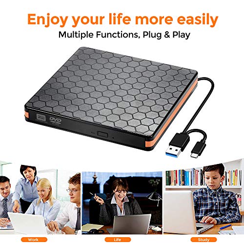 External CD Drive, Optical Drive with USB 3.0 & Type-C for VCD/DVD/CD -ROM/ -R/ +R /-RW Burner/Reader/Writer, Compatible for Windows/Linux/MAC OS (Orange-a)