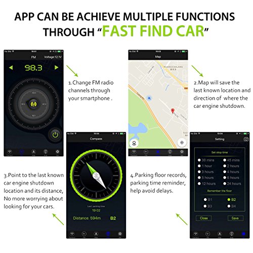 Favoto Bluetooth FM Transmitter with Smart Car Locator Radio Transmitter with AUX Wireless In-car Audio Adapter Transmitter MP3 Player Dual USB Fast Charger Handsfree Call GPS 【Fast Find Car】