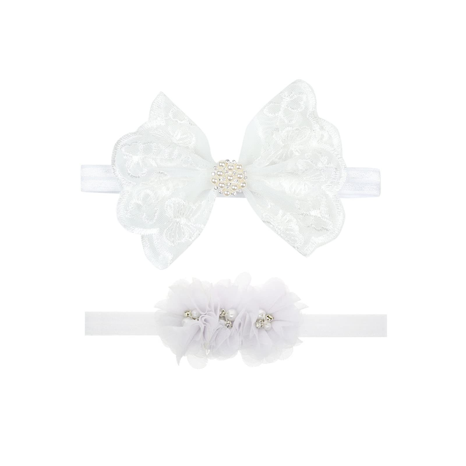 Nishine 2 Pack Christening Headband for Babies with White Bow for Children (Pearl Button)