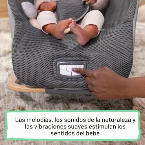 , Asiento Mecedor 2 en 1 Every Season, Tejido Apto para Frío y Calor, Barra de Juguetes Desmontable Hecha de Madera Sostenible, Música, Vibración, 0-30 Meses, Gris