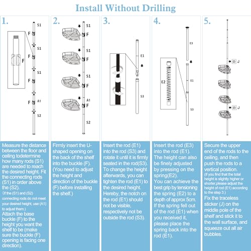 DUFU Telescopic Metal Shower Shelf with 4 Trays Adjustable Suitable for Ceilings from 85 to 325 cm Height for Organizing Bathtub or Bathroom Grey