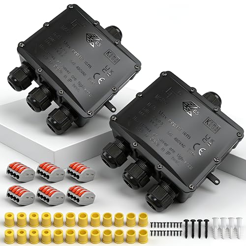 2 PCS IP68 Waterproof Junction Box, HUYU 4-Way Outdoor Cable Connectors with 4 Cable M25 Gland Wire Connector Electrical Junction Box for 4-14 mm Diameter Cable, Black