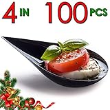 DLux 100 4-in Tear Drop Mini Appetizer Plates, Black Plastic Spoons - Desserts and Appetizers Dishes Serving Plate - Disposable Asian Spoon Set, Small Catering Dessert Tasting Cups - with Recipe Ebook