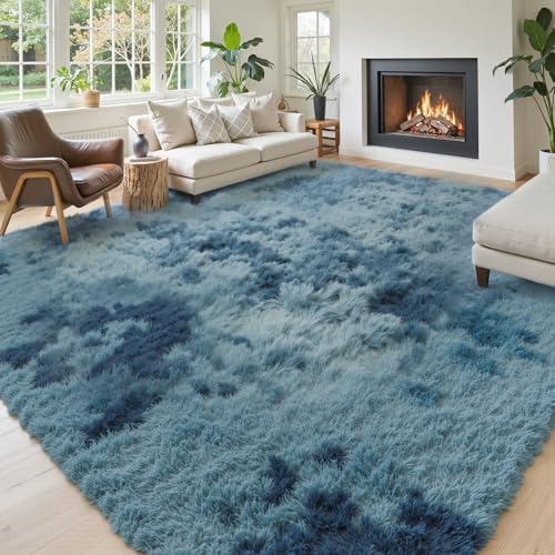 Photo 1 of Area Rugs 9x12 Living Room, Large Area Rug Shag Shaggy Carpet Soft Plush Furry Bedside Rug, Machine Washable Area Rugs for Bedroom Kids Girls Boys Anti Slip(9 x 12, Dark Blue Tie-Dyed)