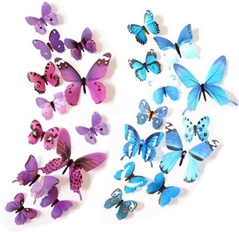 Euter Beautiful 3D Butterfly Removable Mural Wall Stickers Art Decor Kids Room Decals 12pcs Purple+12pcs Blue