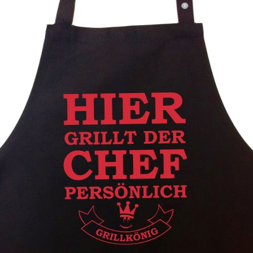 Hier grillt der Chef persönlich – Grillschürze, Kochschürze, Latzschürze mit verstellbarem Nackenband und Seitentasche – Grillkönig Edition