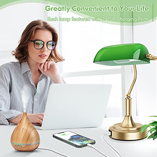 Bankers Lamp with 2 USB Ports, Touch Control Green Glass Desk Lamp with