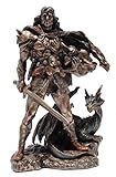 Viking Warrior in Battle Gear with Sword and Dragon 9 1/8 Inch Colored Cold Cast Bronze Statue