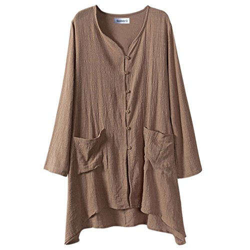 Gordon Q Women's Linen Comfort Buttons up Plus Size Long Shirts Coffee 1X