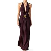 OYOANGLE Women's Deep V Neck Sleeveless Halter Maxi Dress Summer Backless Party Beach Vacation Wedding Guest Dress