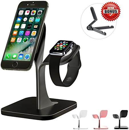 Apple Watch Stand &amp; Cell Phone Holder,Universal 2 in 1 Aluminum iWatch &amp; iPhone Mount,Nano Micro Suction Dock,Cradle,Desktop Station for Women,Girls,Men(Black)