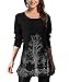 DJT Women's Scoop Neck Long Sleeve Stretchy Printed Casual Top Blouse Black