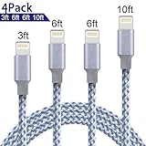 QIANXIANG Lightning Cable,Nylon USB Charging Syncing Cord Charger for iPhone X,8/8Plus,SE,6s,6Plus,6,7Plus, iPad/Mini,iPod 7,(4 Pack)(3FT 6FT 6FT 10FT)(Grey White)