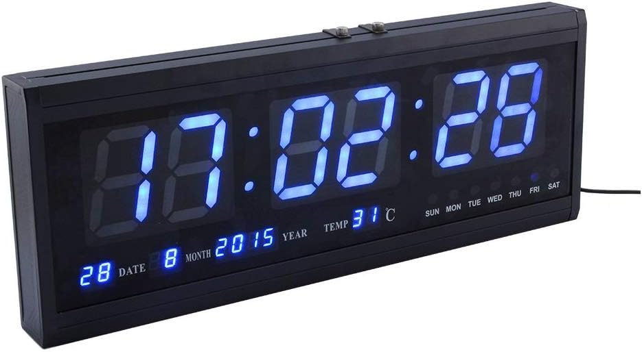 HYYQG Large Led Wall Clock, Digital Big Jumbo Timer Alarm Battery Clock with Calendar Temperature Led Light Display Decorative Home Office Subway Hospital Blue, Blue