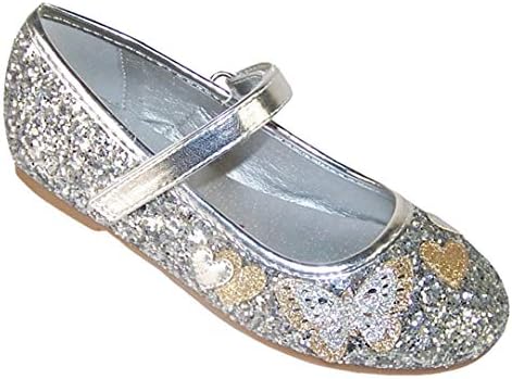 Girls Children Sparkly Silver Glitter Ballerina Party Special Occasion Shoes with Butterfly Trims