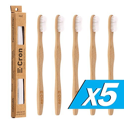 5 x E-Cron Bamboo Toothbrush (White) with Eco-friendly, 100% organic and biodegradable toothbrush with curved handle. Your Natural Dental Care with The clean and warm touch of The bamboo.