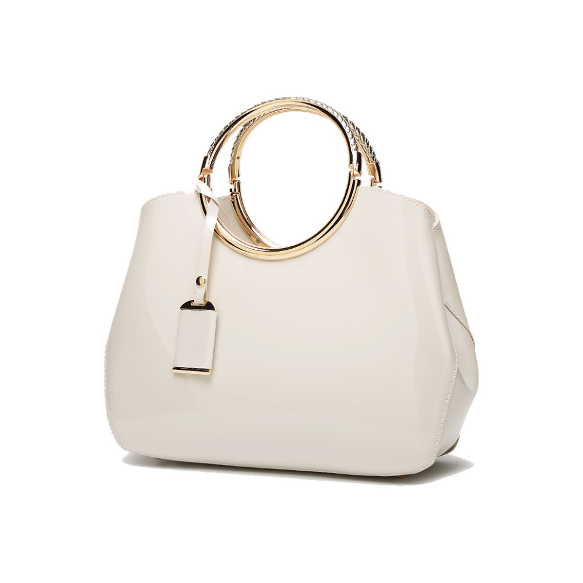 Coolives Womens Ring Handle PU Patent Leather Handbag Creamy white