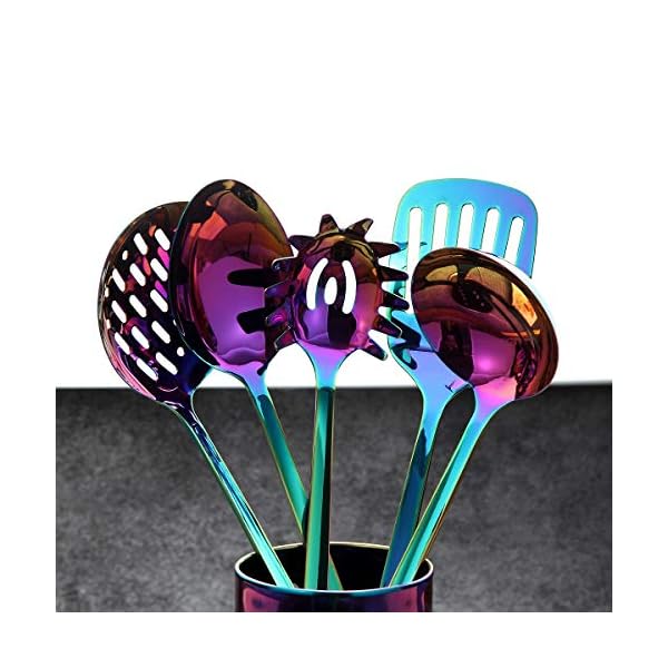 HOMQUEN Stainless Steel Kitchen Utensil Set - 5 Cooking Utensils, Rainbow Color Nonstick Kitchen Utensils Set, Colorful…