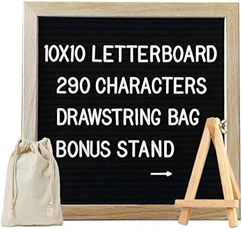 Letter Board 10x10" Black Felt with 290 Changeable White Letters, Wooden Bonus Stand &amp; Bag | Felt Letterboard with Oak Frame &amp; High Grade Black Felt ¾' Letter Size &amp; Mounted Hook