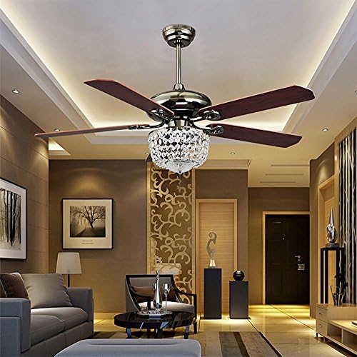 COLORLED American Luxury Crystal Antique Wood 5-Leaves 52 Inch Pull Switch Ceiling Fan for Living Room Bedroom Dining Room Led Fan Chandelier Lighting Fixture