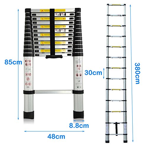 DICN 12.5FT Telescoping Ladders Extending Steps Aluminum 330LB Max Capacity Retractable Straight Ladder for Decoration Outdoor Indoor Home Office Portable Comapct Storage in Car Trunk Transportation