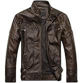PASOK Men's Faux Leather Jacket Vintage Stand Collar Motorcycle PU Leather Outwear Coat