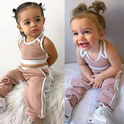 Toddler Baby Girl Solid Mesh Outfits Kids Sleeveless Sport Crop Tops Long Pants with Pocket Tracksuit Clothes (Pink,1-2T)