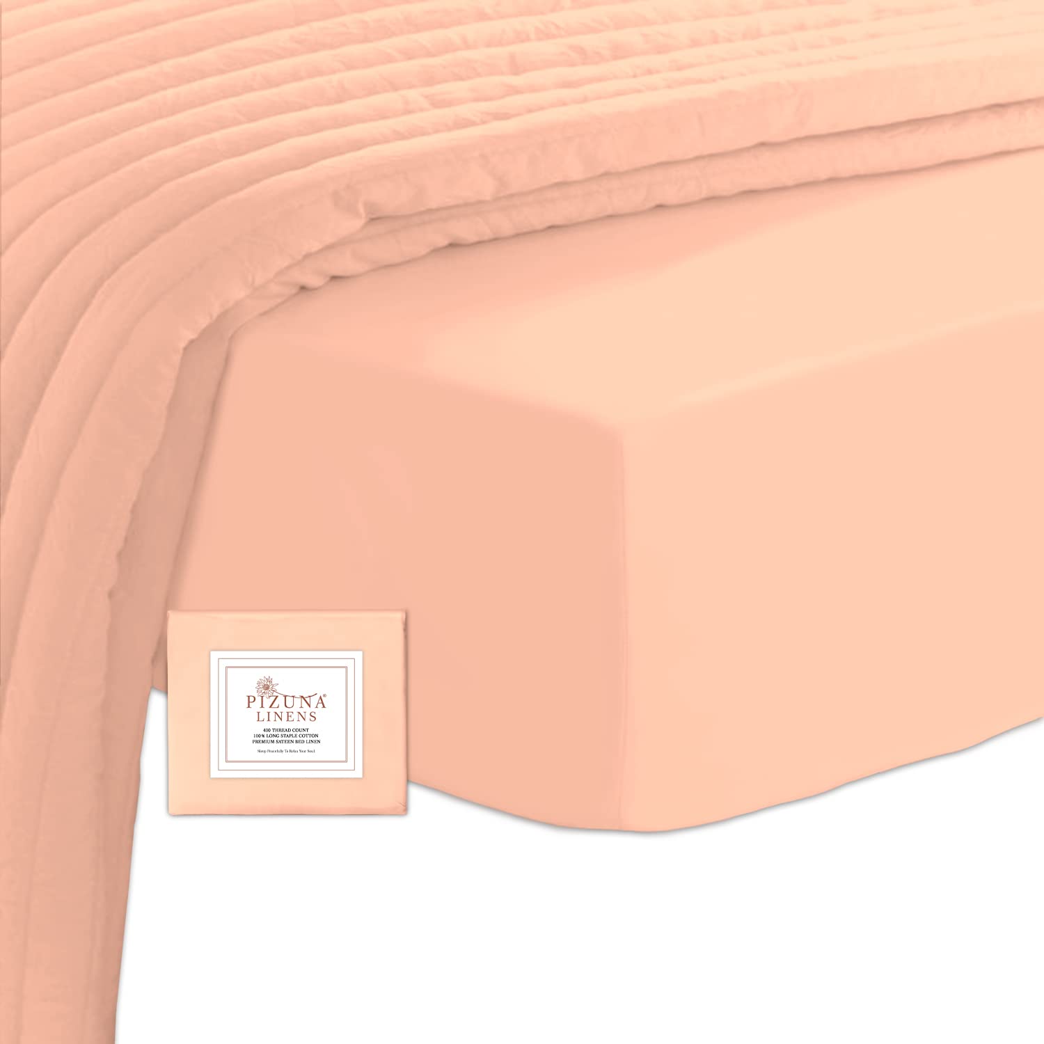 Pizuna 100% Cotton King Size Fitted Sheets Coral Pink, 400 Thread Count Long Staple Cotton Kingsize Fitted Bed Sheets 150x200 cm, Sateen Weave 40 cm Deep Fitted King Size Sheet 1 PC
