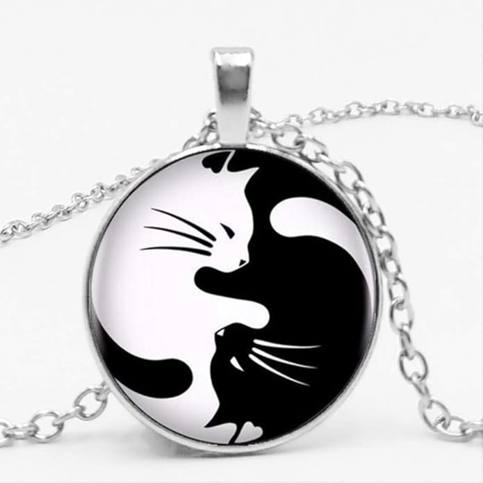Vintage Two Cat Necklace Glass Pendant Yin Yang Cat Fish Necklace