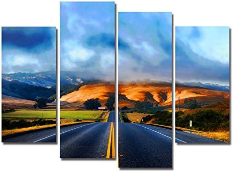 Grand Highway Road And Mountain Landscape Painting Wall Art Decor Artwork Blue Sky Airline Extended To The Distance 4 Panel Picture Print On Canvas Modern Framed Home Room Decoration by uLinked Art