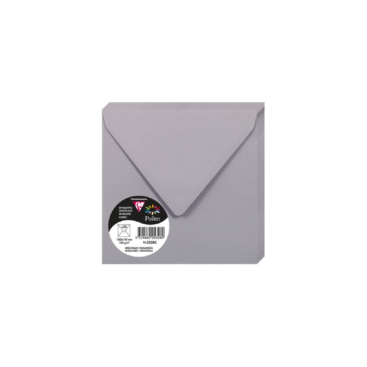 Clairefontaine 5328C Pack of 20 Gummed Envelopes Square 14x14cm 120g/m² Colour Koala Grey Invitation Events Correspondence Range Pollen Premium Smooth Paper — image 1