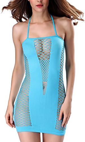 Women Babydoll Sexy Lingerie Transparent Sleepwear Fishnet Stretch Body Dress Slim Cotton Chemises (Blue)