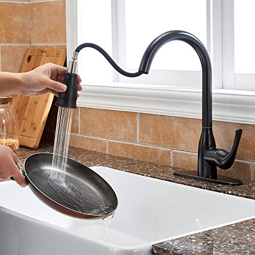 Solid Brass Single Handle Pull Out Sprayer Oil Rubbed Bronze Kitchen Faucet, Pull Down Kitchen Sink Faucet With Deck Plate - Thumbnail 4