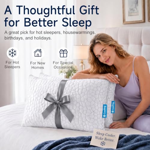 Cooling Memory Foam Pillows Queen Size Set of 2, Adjustable Shredded Foam Bed Pillows for Sleeping, Soft Support Pillows for Side & Back Sleepers with Breathable Dual-Sided Soft & Cooling Fabric