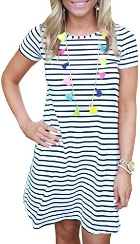 Dynen Women's Crew Neck Short Sleeve Striped Loose Tunic Swing T-Shirt Dress