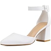 mysoft Women's Pointed Toe Low Chunky Heels Closed Toe Ankle Strap Dress Pump Shoes - Available in Wide Sizes