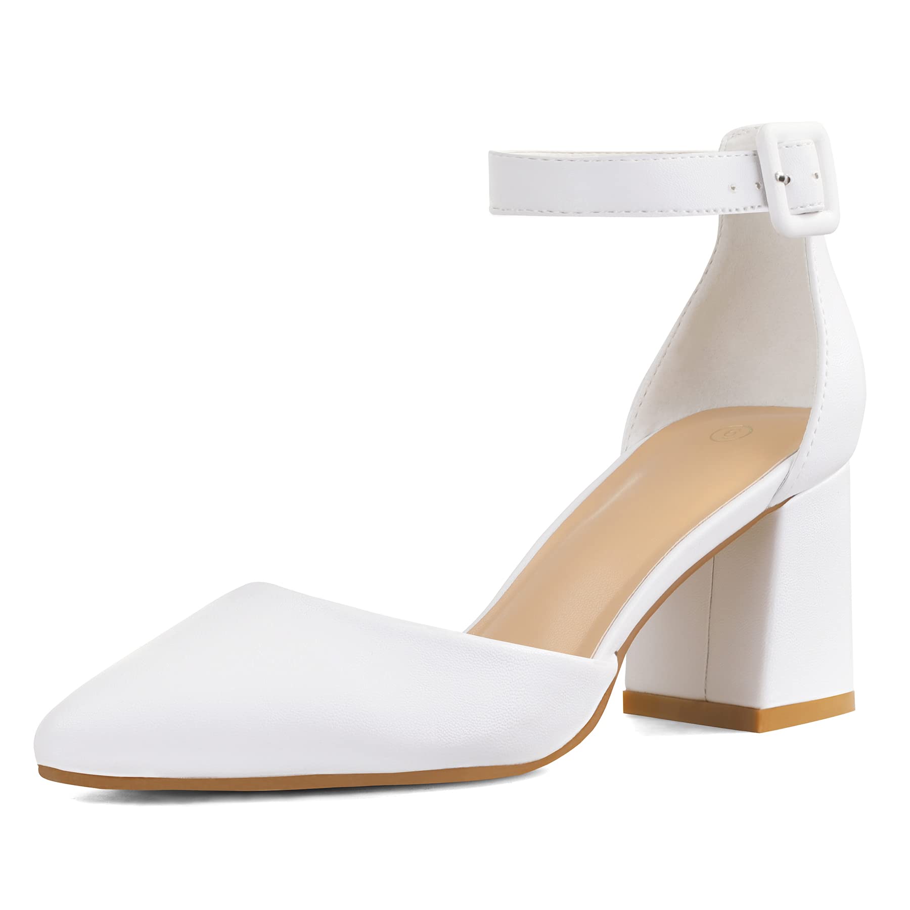 Photo 1 of mysoft Women's Pointed Toe Low Chunky Heels Closed Toe Ankle Strap Dress Pump Shoes - Available in Wide Sizes