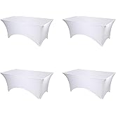 BRILLMAX 4 Pack White Spandex Table Covers for 6 Ft Rectangle Tables - 180 GSM Thick Stretch Tablecloth Fitted, Reinforced Foot Pockets, Wrinkle Free Cloth for Wedding Banquet Party Trade Show
