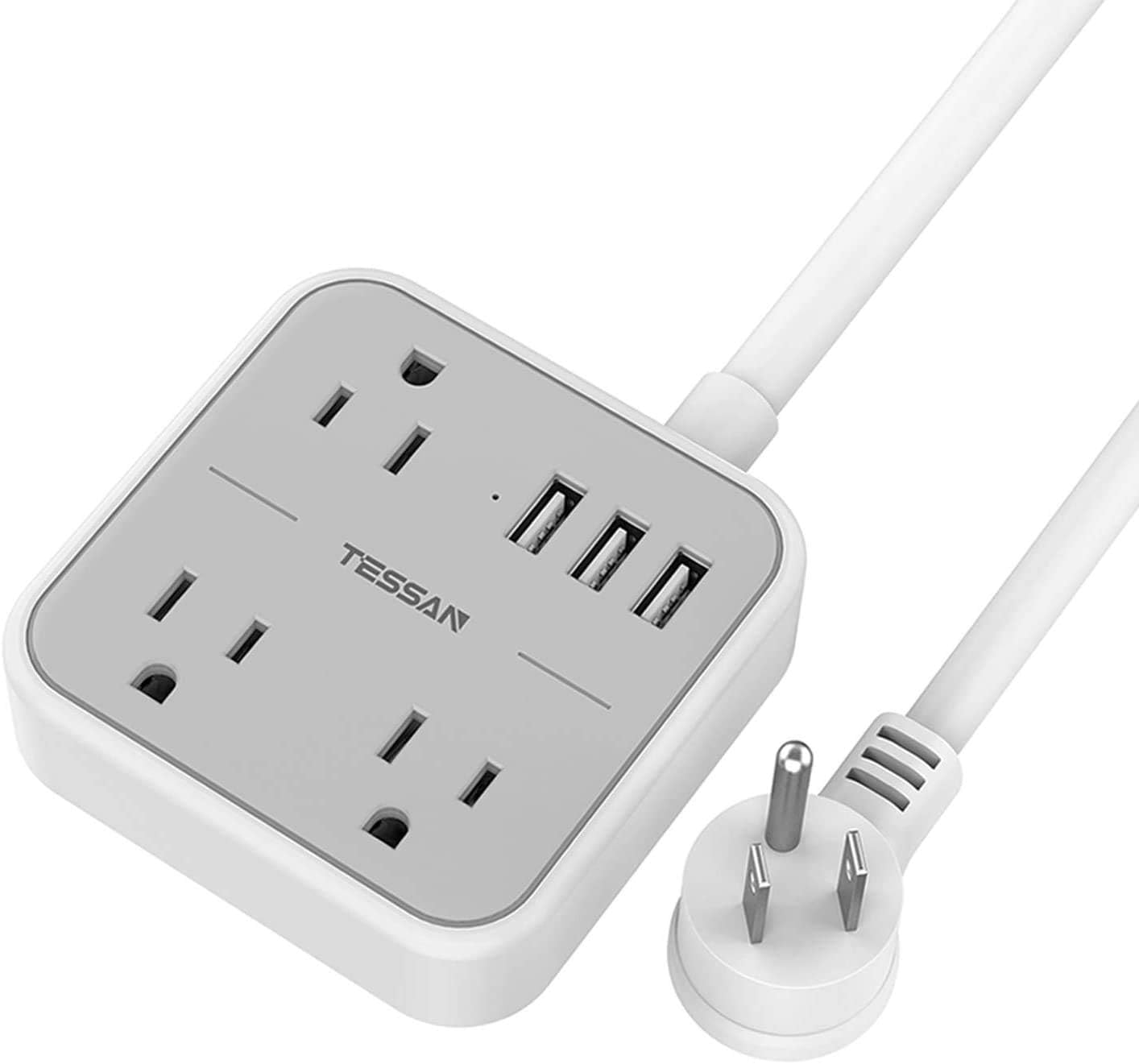 Flat Plug Power Bar USB, Small Flat Power Bar with 3 USB Ports, 5 Feet