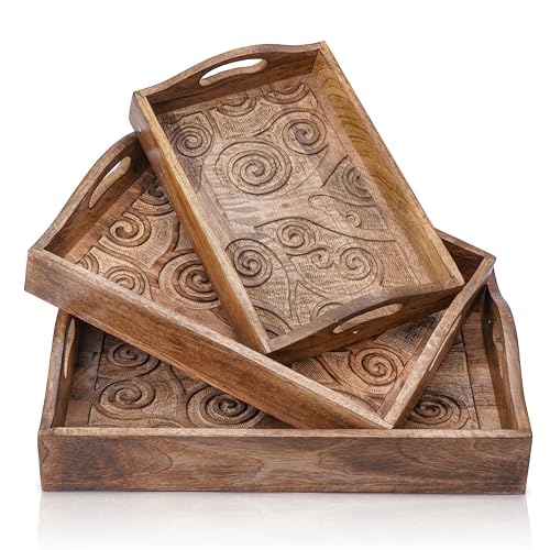 Ajuny Indian Handcrafted Rectangular Mango Wooden Decorative Serving Tray Platters With Handle Hand Carved Tree Of Life Design — image 1