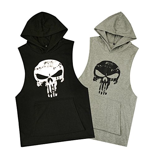 GZXISI Mens Skull Print Stringer Bodybuilding Gym Tank Tops Workout Fitness Vest (X-Large, 2 Pack:Black Hoodie,Gray Hoodie) - Thumbnail 4