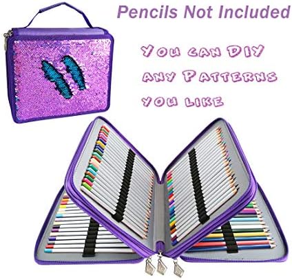 Flip Sequin 120 Slots Pencil Case 3 Layers Sequins Pen Pouch Colored Crayon Organizer Handbag (Violet-Blue)