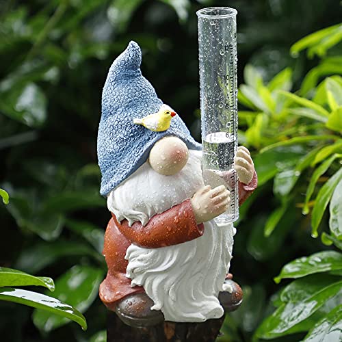 Resin Gnome Rain Gauges, Dwarf Rain Gauge Garden Statue with Plastic Rain Gauge, HandPainted
