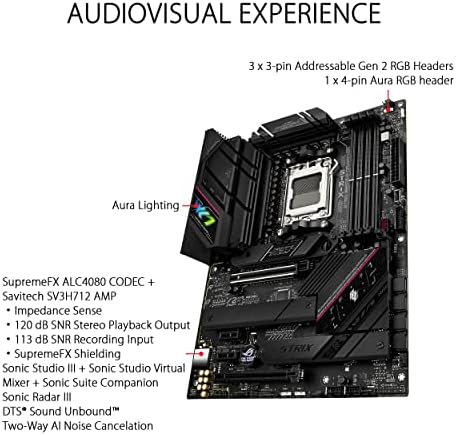 Asus rog strix b650e-f gaming wifi, placa-mãe amd ryzen am5 atx (12 + 2 fases vrm, ddr5, 3 slots m.2, pcie 5.0, wifi 6e, 2.5g lan, usb 3.2 gen 2x2 tipo c, aura rgb sync)
