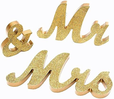Mr &amp; Mrs Sign Wooden Letters Wedding Sweetheart Table Decoration Vintage Style Photo Props Sign Glitter Free Standing Letters for Top Table Present by AENMIL(Gold)
