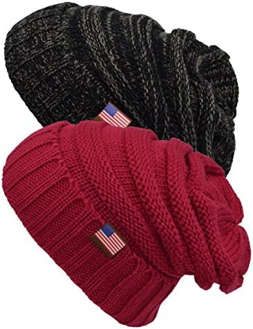 Raylarnia Chunky Cable Knit Slouchy Beanie Winter Hat Cap,2 Pack(Deep Grey Metallic/Rose),One Size