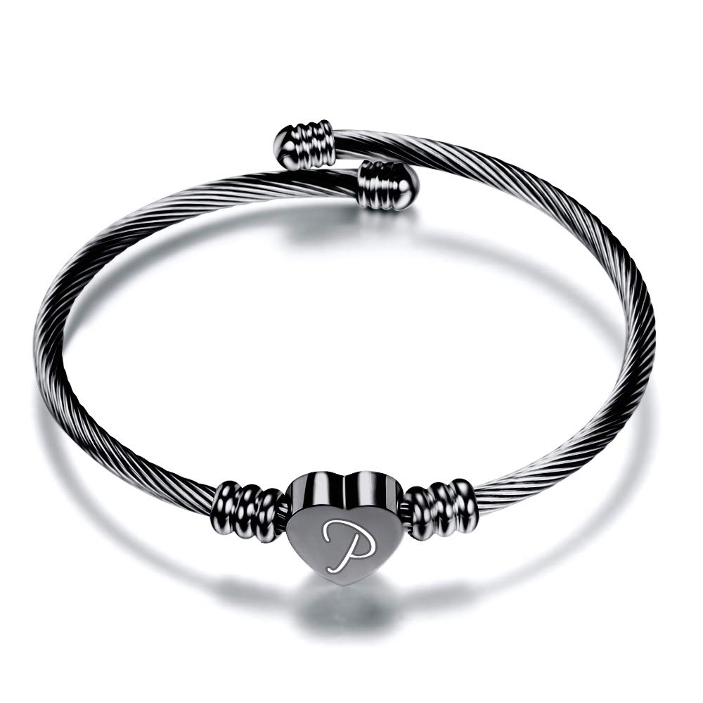VQYSKO Bracelet Initial Heart Women Girl 26 Letters Engraved Laser A-Z Engraving Stainless Steel Charm Bangle Bracelet Cable Bracelet 18cm 5 Colors (Black, N) — image 1