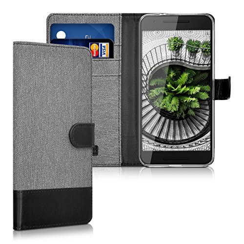 kwmobile Wallet Case for Huawei Google Nexus 6P - Fabric and PU Leather Flip Cover with Card Slots and Stand - Grey Black